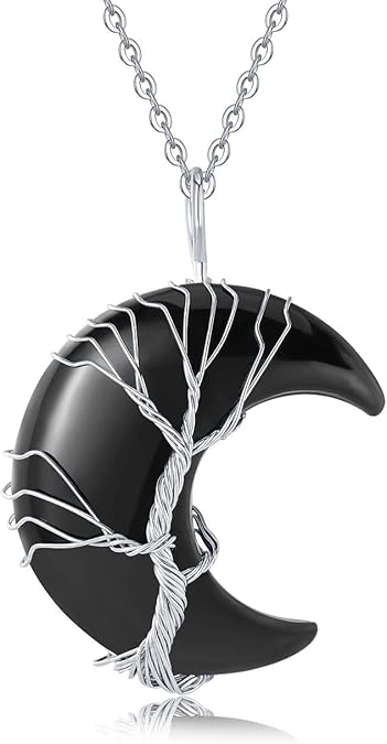 Wire-Wrapped Crescent Moon Necklace with Tree of Life - Natural Quartz Crystal Pendant for Spiritual Protection & Chakra Healing