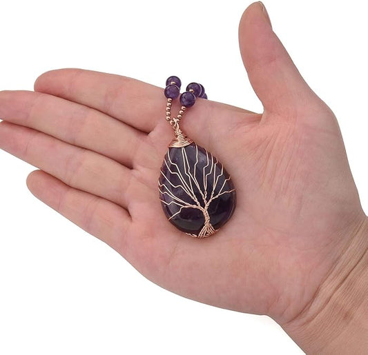 Handmade Amethyst Tree of Life Necklace - Wire Wrapped Healing Crystal Pendant for Women, Spiritual Jewelry Gift with Energy Balancing Gemstone