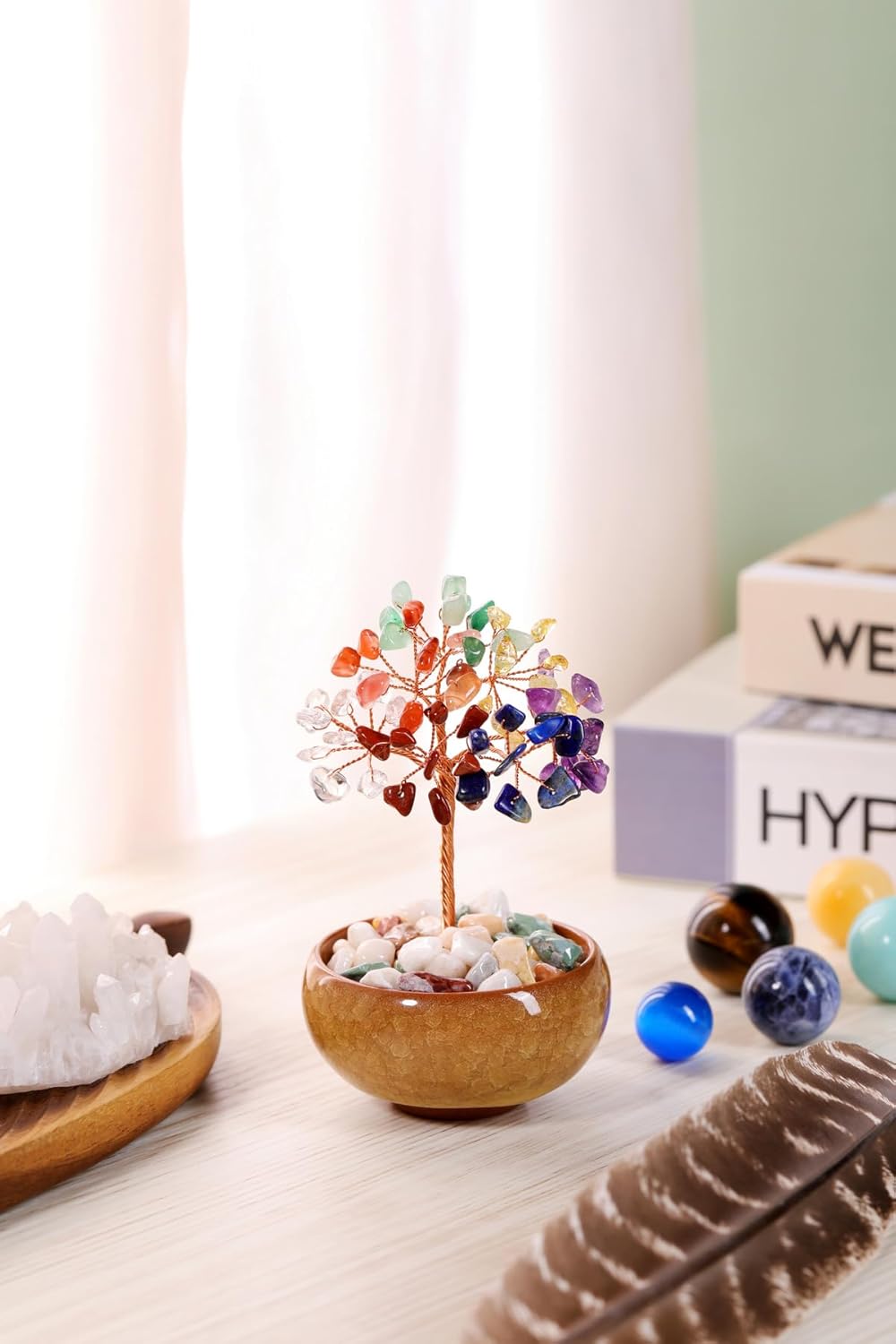 Handmade Rose Quartz Crystal Tree - Feng Shui Money Tree for Home & Office Decor, Wealth Attraction and Spiritual Gifts - Miniature Gemstone Bonsai for Good Luck, Meditation & Housewarming