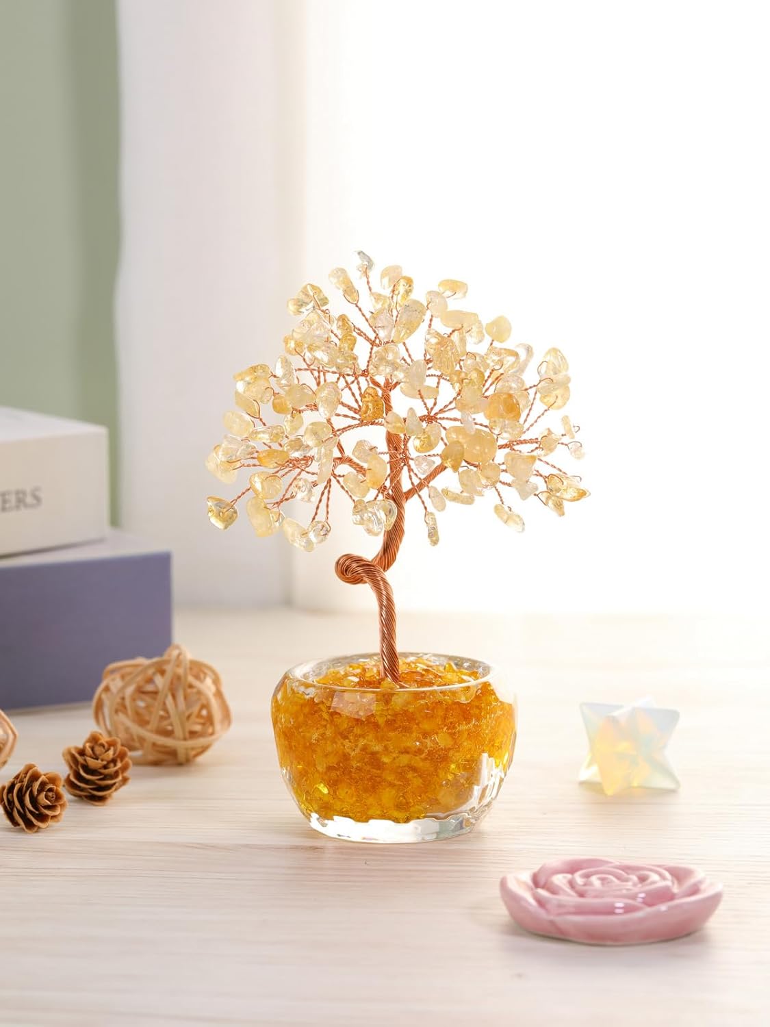 Handmade Rose Quartz Crystal Tree with Glass Base - Natural Gemstone Bonsai for Home & Office Decor, Healing Energy, Good Luck Gift