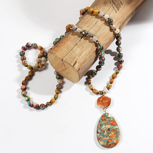 Handmade Boho Beaded Necklace for Women & Men – Adjustable Inch Natural Stone Chakra Pendant, Spiritual Healing Jewelry Gift for Birthdays, Christmas & Holidays