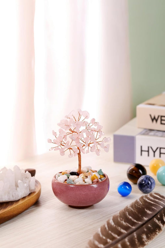 Handmade Rose Quartz Crystal Tree - Feng Shui Money Tree for Home & Office Decor, Wealth Attraction and Spiritual Gifts - Miniature Gemstone Bonsai for Good Luck, Meditation & Housewarming
