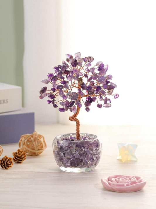Handmade Rose Quartz Crystal Tree with Glass Base - Natural Gemstone Bonsai for Home & Office Decor, Healing Energy, Good Luck Gift