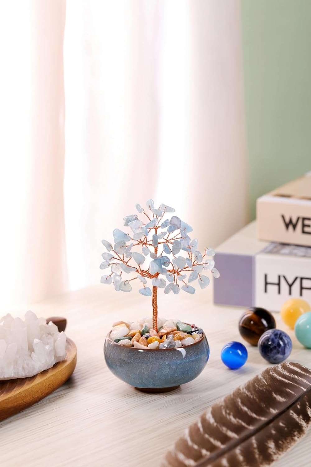 Handmade Rose Quartz Crystal Tree - Feng Shui Money Tree for Home & Office Decor, Wealth Attraction and Spiritual Gifts - Miniature Gemstone Bonsai for Good Luck, Meditation & Housewarming