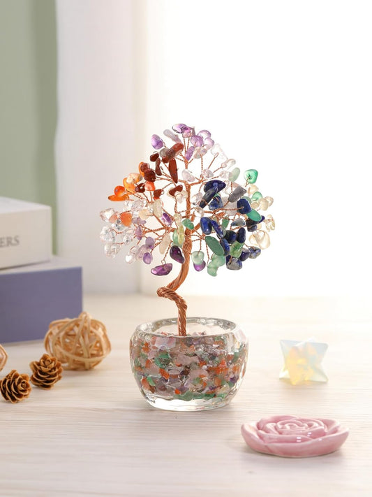Handmade Rose Quartz Crystal Tree with Glass Base - Natural Gemstone Bonsai for Home & Office Decor, Healing Energy, Good Luck Gift