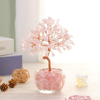 Handmade Rose Quartz Crystal Tree with Glass Base - Natural Gemstone Bonsai for Home & Office Decor, Healing Energy, Good Luck Gift