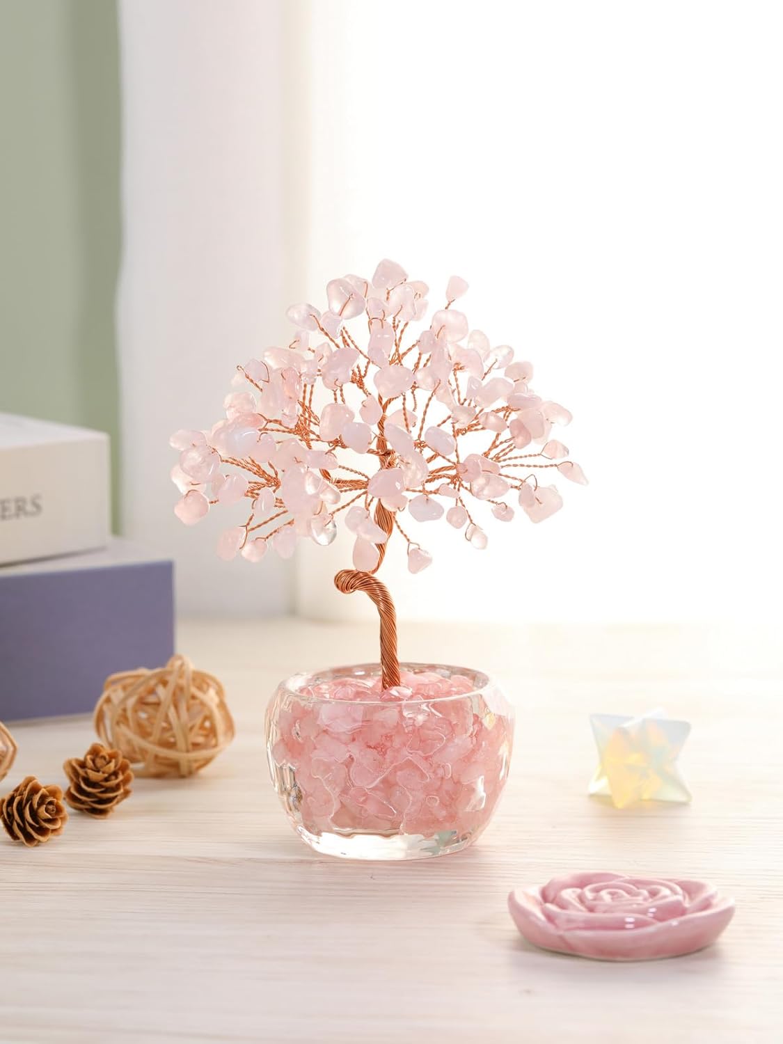 Handmade Rose Quartz Crystal Tree with Glass Base - Natural Gemstone Bonsai for Home & Office Decor, Healing Energy, Good Luck Gift