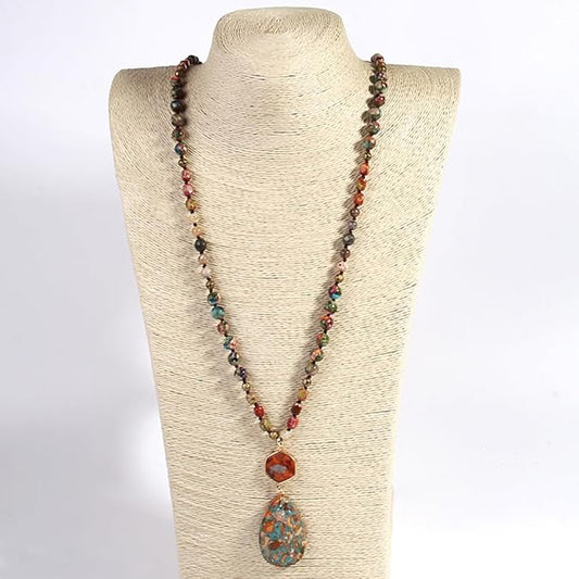 Handmade Boho Beaded Necklace for Women & Men – Adjustable Inch Natural Stone Chakra Pendant, Spiritual Healing Jewelry Gift for Birthdays, Christmas & Holidays