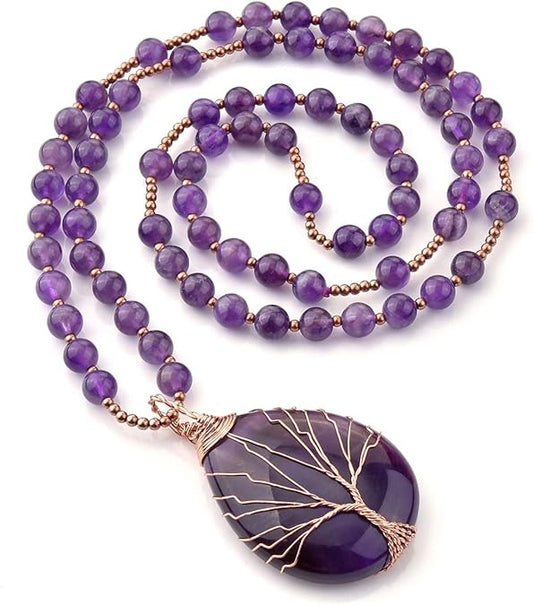 Handmade Amethyst Tree of Life Necklace - Wire Wrapped Healing Crystal Pendant for Women, Spiritual Jewelry Gift with Energy Balancing Gemstone