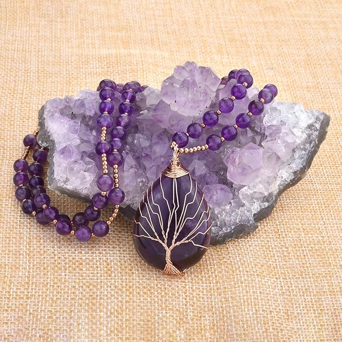 Handmade Amethyst Tree of Life Necklace - Wire Wrapped Healing Crystal Pendant for Women, Spiritual Jewelry Gift with Energy Balancing Gemstone
