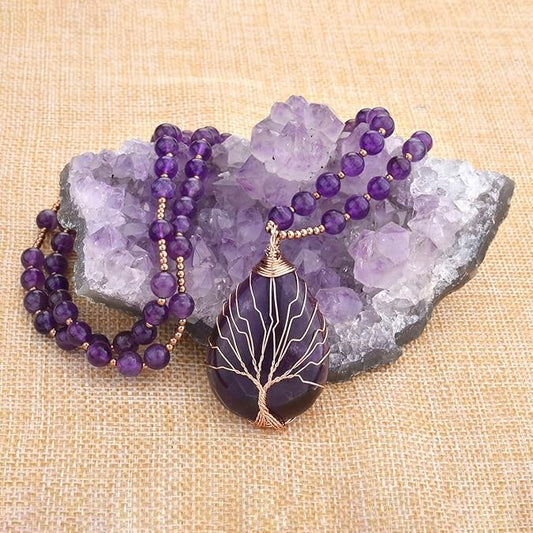 Handmade Amethyst Tree of Life Necklace - Wire Wrapped Healing Crystal Pendant for Women, Spiritual Jewelry Gift with Energy Balancing Gemstone