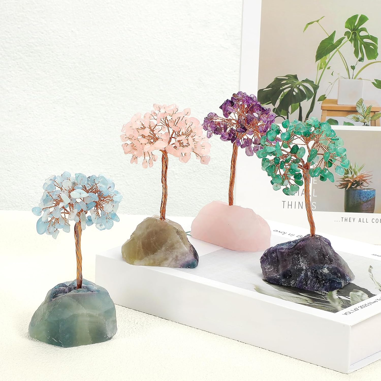 Handmade Tree of Life Crystal Decor - Natural Gemstone Art for Wealth Attraction & Positive Energy, Spiritual Gifts for Home, Office or Birthdays