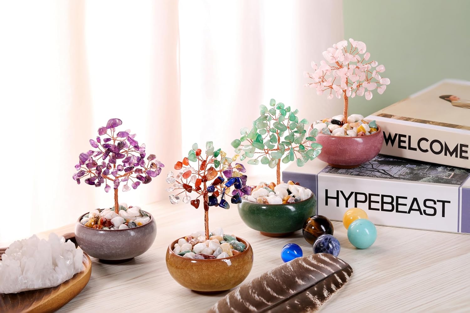 Handmade Rose Quartz Crystal Tree - Feng Shui Money Tree for Home & Office Decor, Wealth Attraction and Spiritual Gifts - Miniature Gemstone Bonsai for Good Luck, Meditation & Housewarming