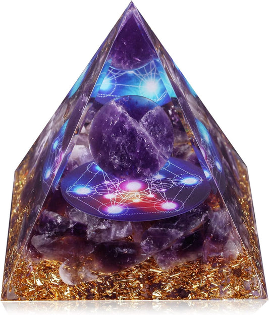 Amethyst & Obsidian Orgonite Pyramid - Energy Healing Crystal for Stress Relief, Chakra Balancing, and Meditation