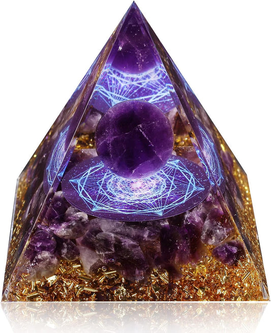 Amethyst & Obsidian Orgonite Pyramid - Energy Healing Crystal for Stress Relief, Chakra Balancing, and Meditation