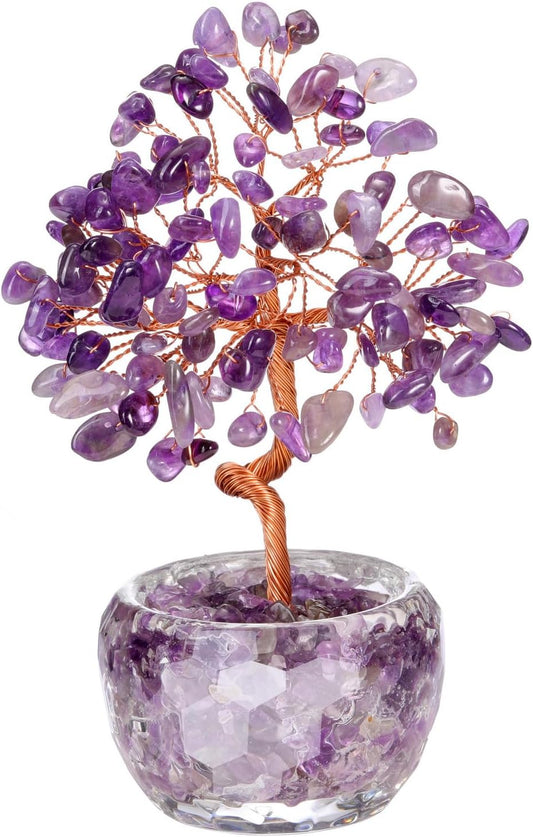 Handmade Rose Quartz Crystal Tree with Glass Base - Natural Gemstone Bonsai for Home & Office Decor, Healing Energy, Good Luck Gift