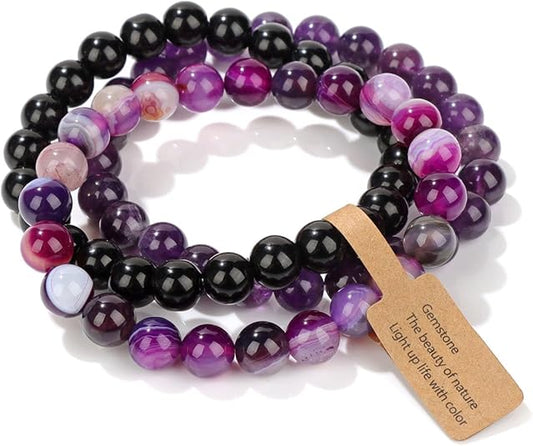 3 PCS Crystal Bracelets for Women | 8mm Amethyst Natural Stone Beaded Stretch Jewelry