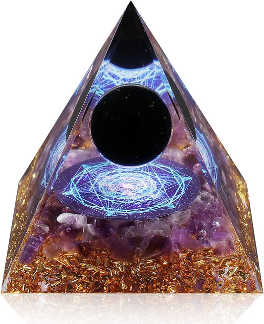 Amethyst & Obsidian Orgonite Pyramid - Energy Healing Crystal for Stress Relief, Chakra Balancing, and Meditation