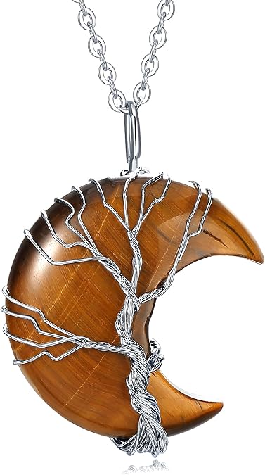 Wire-Wrapped Crescent Moon Necklace with Tree of Life - Natural Quartz Crystal Pendant for Spiritual Protection & Chakra Healing