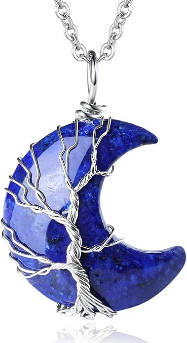 Wire-Wrapped Crescent Moon Necklace with Tree of Life - Natural Quartz Crystal Pendant for Spiritual Protection & Chakra Healing