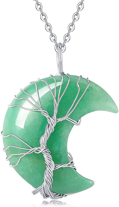 Wire-Wrapped Crescent Moon Necklace with Tree of Life - Natural Quartz Crystal Pendant for Spiritual Protection & Chakra Healing