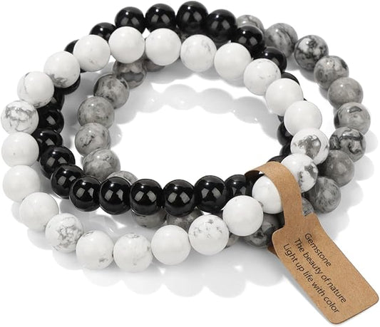 3 PCS Crystal Bracelets for Women | 8mm Amethyst Natural Stone Beaded Stretch Jewelry