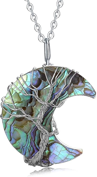 Wire-Wrapped Crescent Moon Necklace with Tree of Life - Natural Quartz Crystal Pendant for Spiritual Protection & Chakra Healing