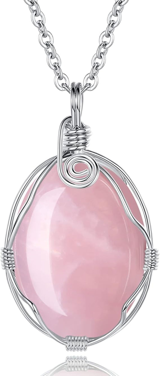 Handmade Wire-Wrapped Healing Crystal Necklace - Oval Quartz Chakra Pendant for Reiki Energy & Wiccan Rituals