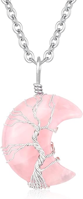 Wire-Wrapped Crescent Moon Necklace with Tree of Life - Natural Quartz Crystal Pendant for Spiritual Protection & Chakra Healing
