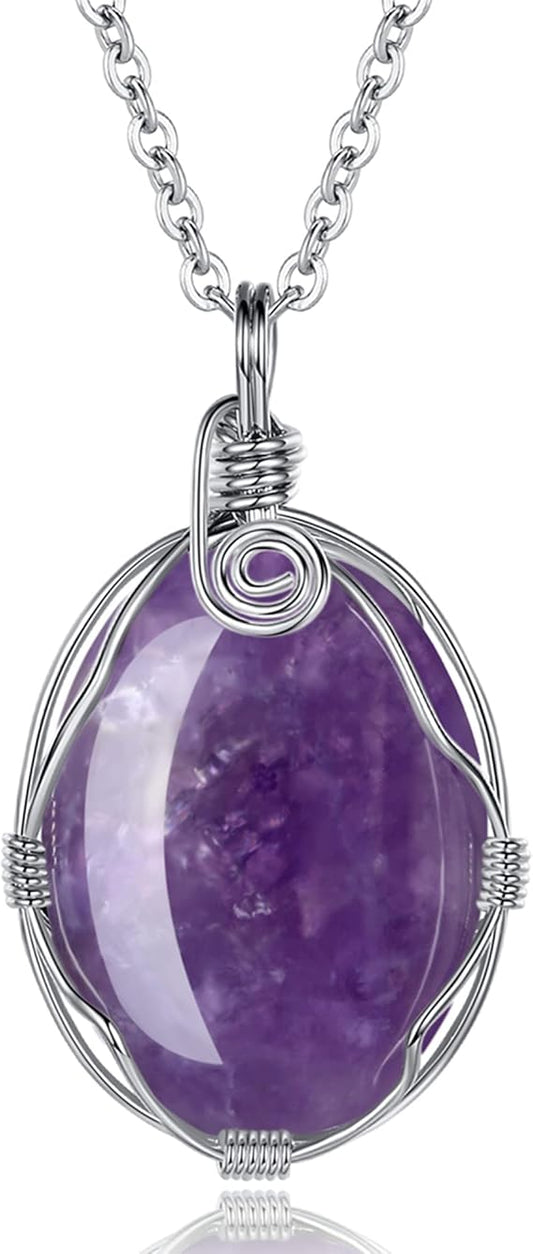 Handmade Wire-Wrapped Healing Crystal Necklace - Oval Quartz Chakra Pendant for Reiki Energy & Wiccan Rituals