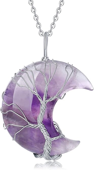Wire-Wrapped Crescent Moon Necklace with Tree of Life - Natural Quartz Crystal Pendant for Spiritual Protection & Chakra Healing