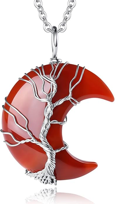 Wire-Wrapped Crescent Moon Necklace with Tree of Life - Natural Quartz Crystal Pendant for Spiritual Protection & Chakra Healing