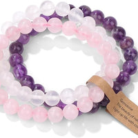 3 PCS Crystal Bracelets for Women | 8mm Amethyst Natural Stone Beaded Stretch Jewelry