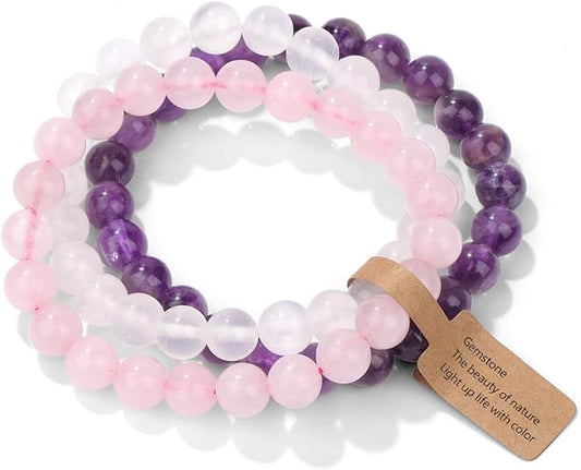 3 PCS Crystal Bracelets for Women | 8mm Amethyst Natural Stone Beaded Stretch Jewelry