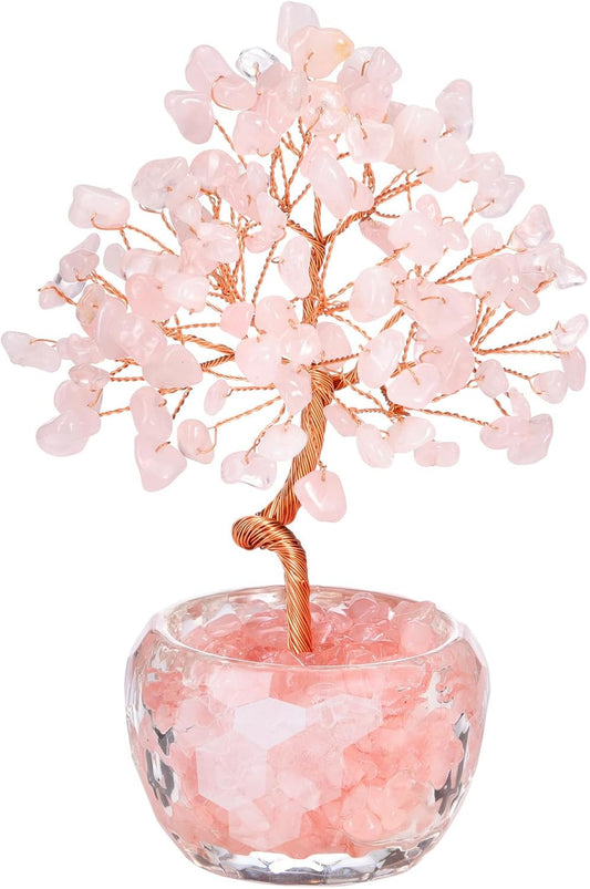 Handmade Rose Quartz Crystal Tree with Glass Base - Natural Gemstone Bonsai for Home & Office Decor, Healing Energy, Good Luck Gift