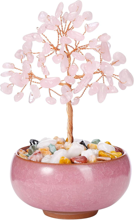 Handmade Rose Quartz Crystal Tree - Feng Shui Money Tree for Home & Office Decor, Wealth Attraction and Spiritual Gifts - Miniature Gemstone Bonsai for Good Luck, Meditation & Housewarming