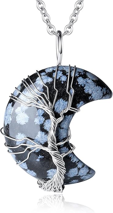 Wire-Wrapped Crescent Moon Necklace with Tree of Life - Natural Quartz Crystal Pendant for Spiritual Protection & Chakra Healing