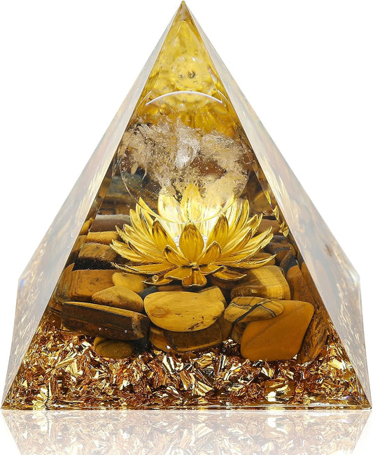 Orgone Energy Pyramid for Wealth & Success - Tiger's Eye & White Crystal Healing Stone for Prosperity, Abundance & Positive Vibes | Feng Shui Money Attractor Gift