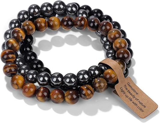 3 PCS Crystal Bracelets for Women | 8mm Amethyst Natural Stone Beaded Stretch Jewelry