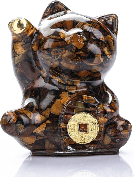 Hand-Carved Crystal Maneki Neko Statue - Japanese Lucky Cat Figurine for Wealth Attraction & Feng Shui Home Office Decor (Money Manifestation Gift Set)