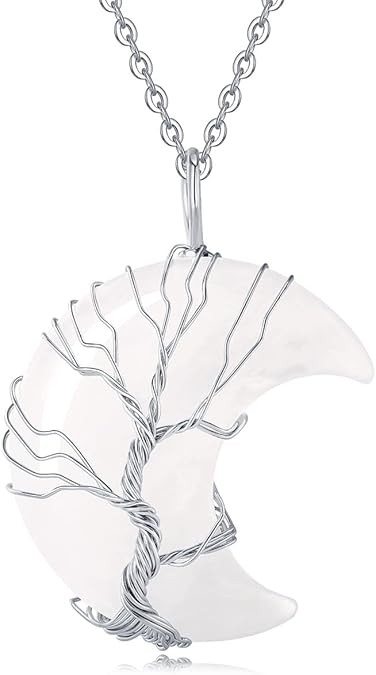 Wire-Wrapped Crescent Moon Necklace with Tree of Life - Natural Quartz Crystal Pendant for Spiritual Protection & Chakra Healing