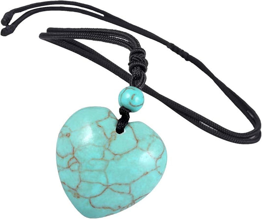 Hand Carved Heart Stone Necklace - 7 Chakra Quartz Pendant with Adjustable Cord Chain, Healing Crystal Amulet Boho Unisex Jewelry for Men & Women