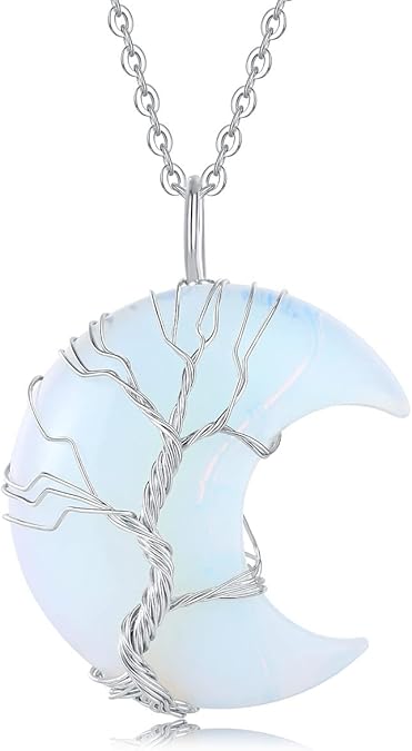 Wire-Wrapped Crescent Moon Necklace with Tree of Life - Natural Quartz Crystal Pendant for Spiritual Protection & Chakra Healing