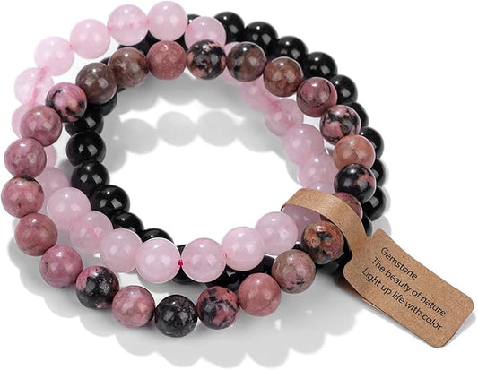 3 PCS Crystal Bracelets for Women | 8mm Amethyst Natural Stone Beaded Stretch Jewelry