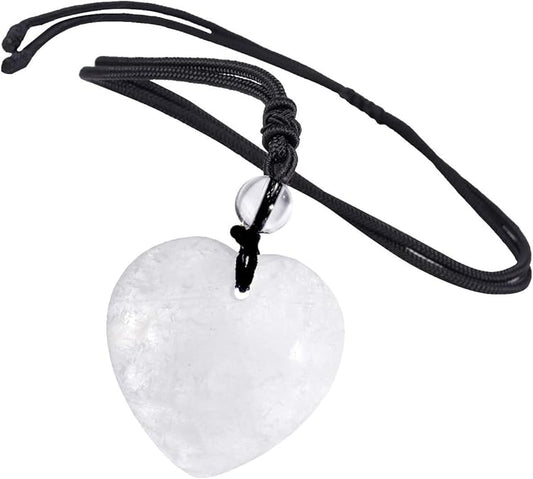 Hand Carved Heart Stone Necklace - 7 Chakra Quartz Pendant with Adjustable Cord Chain, Healing Crystal Amulet Boho Unisex Jewelry for Men & Women