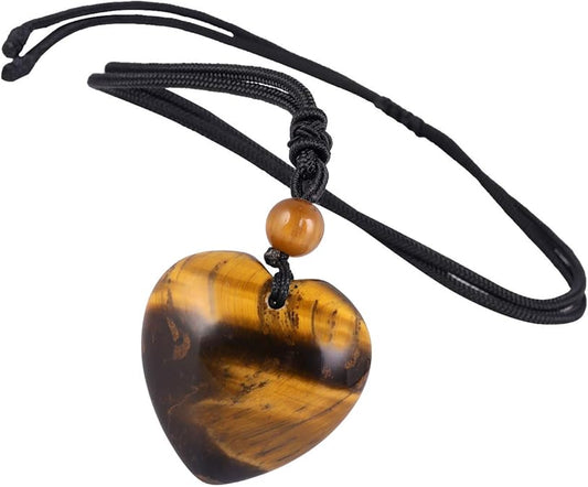 Hand Carved Heart Stone Necklace - 7 Chakra Quartz Pendant with Adjustable Cord Chain, Healing Crystal Amulet Boho Unisex Jewelry for Men & Women